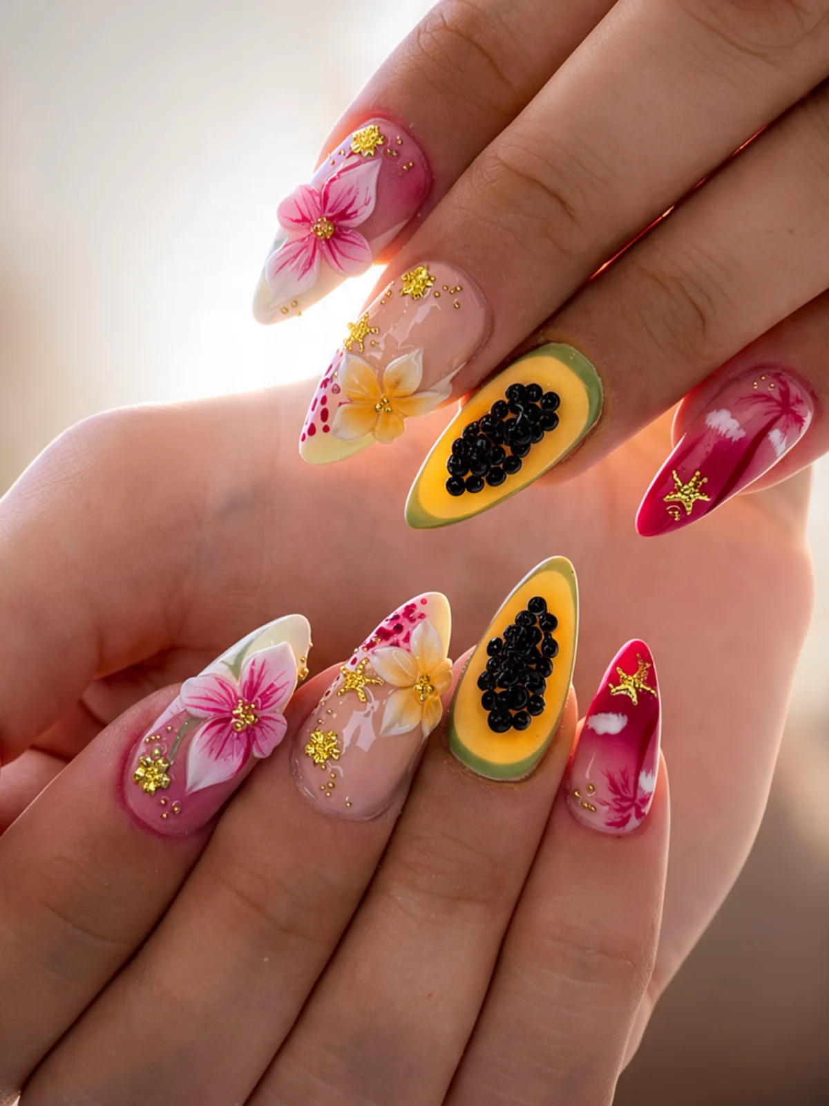 Auffällige Nail Art mit Papaya-Motiven und rosa Blüten